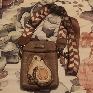 Chala Brown Cat Applique Crossbody with Patterned Strap